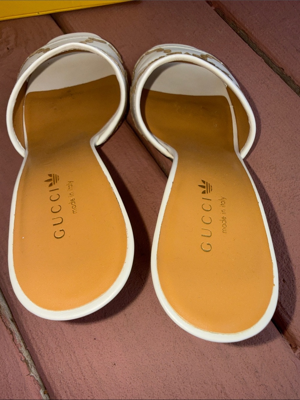 Gucci Cream Leather Slide Mules with Gold Logo Pattern - Picture 4 of 16